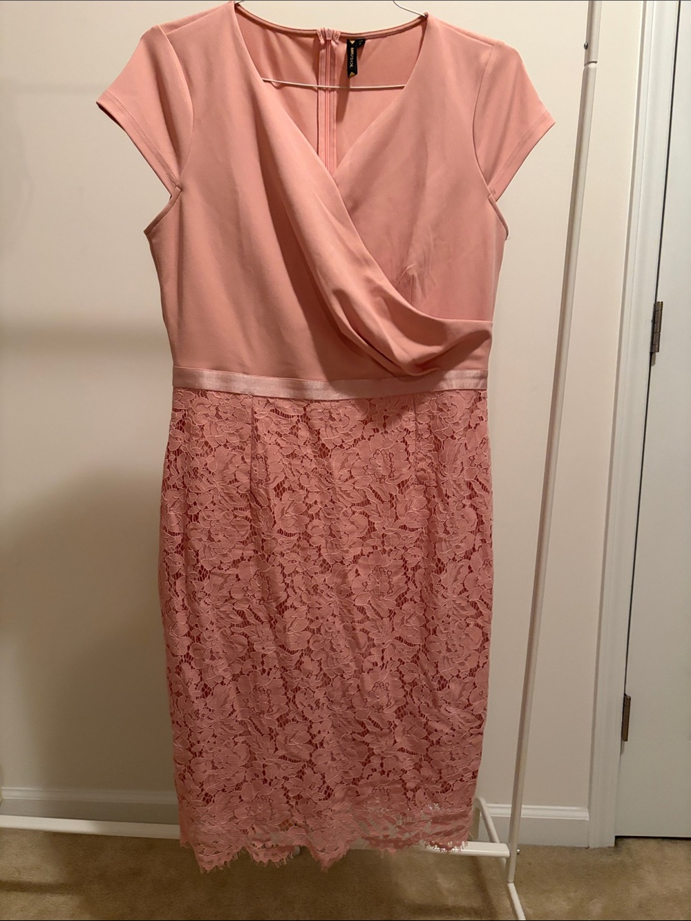 Miusol Blush Pink Lace Midi Dress with Draped Bodice
